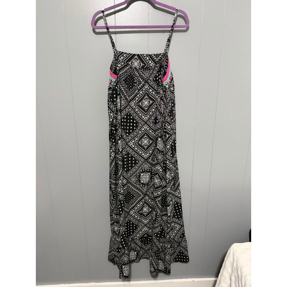 THML Black Embroidered Bandana Print Relaxed Fit Boho Southwestern Midi Dress L - Picture 5 of 9
